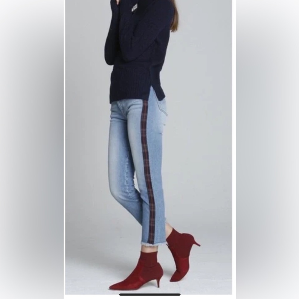 Driftwood Colette straight crop Jean 26 red tartan stripe side detail